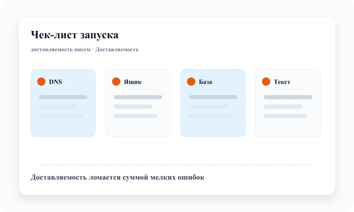Preflight-чек-лист доставляемости: DNS, прогрев, валидация базы, лимиты и текст письма